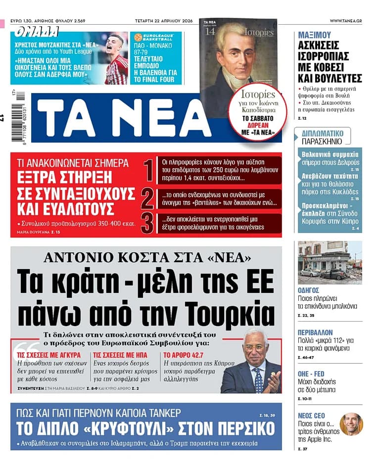 Στα «ΝΕΑ» της Τετάρτης: Προτεραιότητα στα κράτη μέλη της ΕΕ έναντι της Τουρκίας