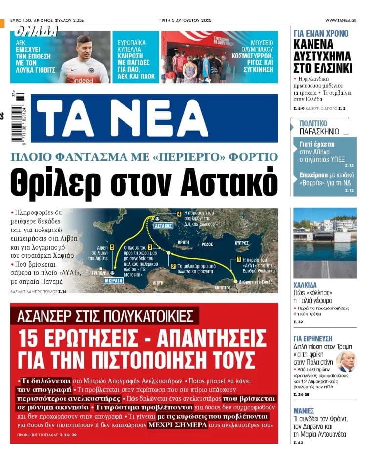 Τα «ΝΕΑ»: Θρίλερ στον Αστακό, πλοίο με «περίεργο» φορτίο και σεισμοί στο Άγιον Όρος