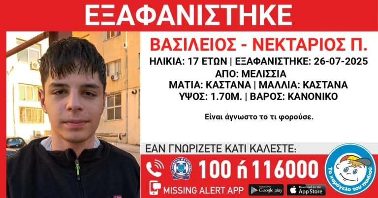 Alerta de Desaparición: Vasilis, de 17 años, desaparecido en Melissia