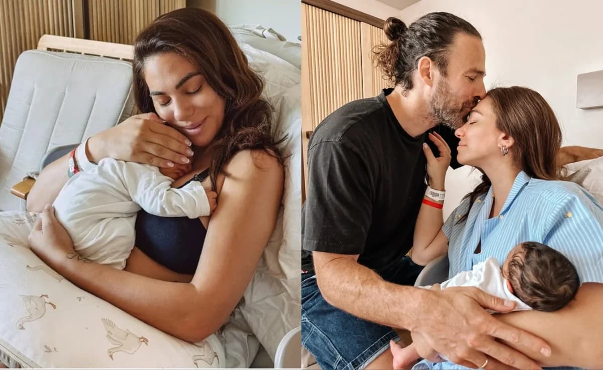 Evridiki Valavani and Grigoris Morgan: At the beach with their son