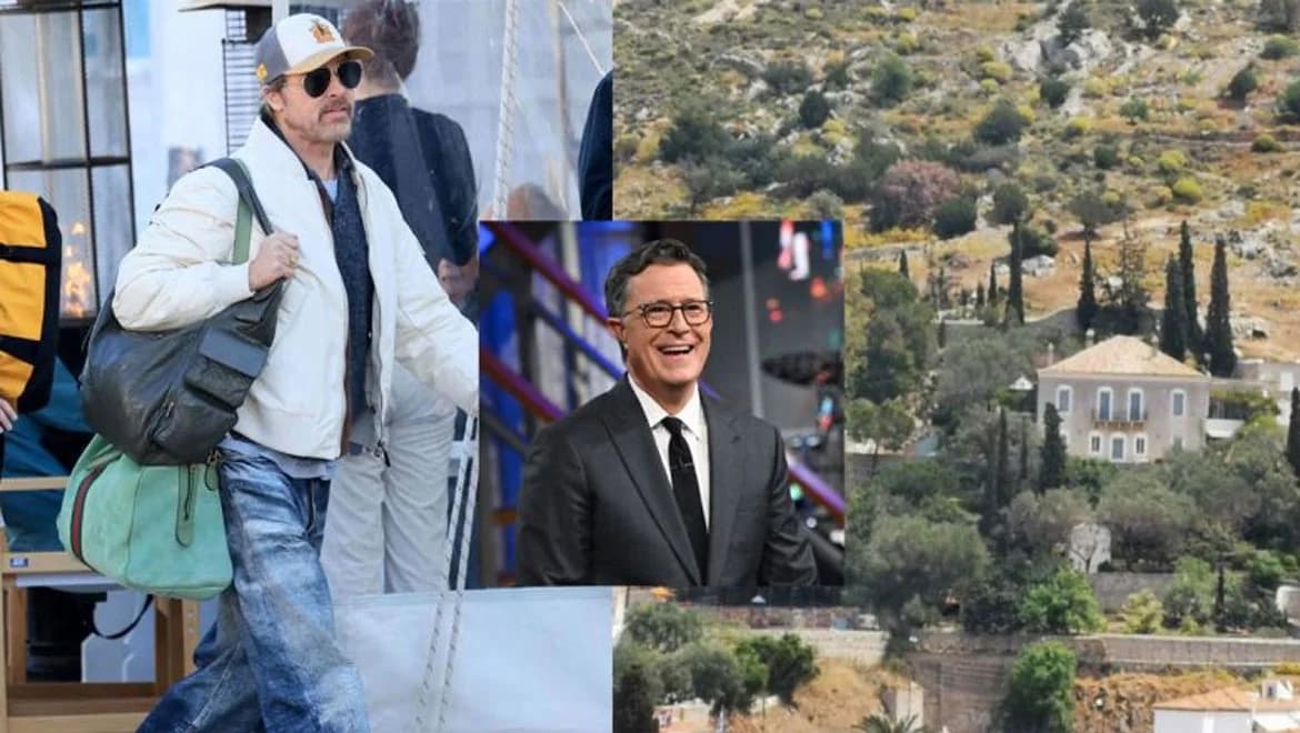 בראד פיט מתארח בוילה של סטיבן קולברט בהידרה לצילומי הסרט 'The Riders'