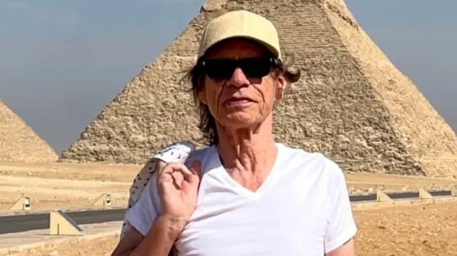 Mick Jagger Poses in Front of the Pyramids in Egypt